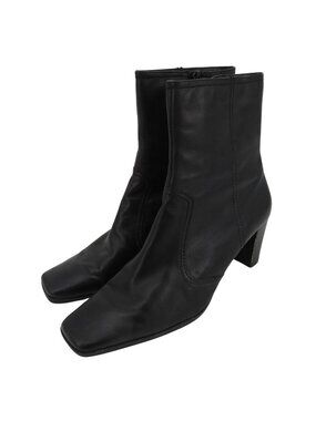 Nine & Company Women 7.5 W Black Leather Square Toe Ankle Boots Block Heel Shoes
